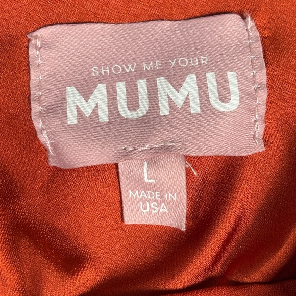 Show Me Your Mumu Silk Look Slip Dress L Orange Satin Cowl Neck Midi StrappyBack - Picture 3 of 13